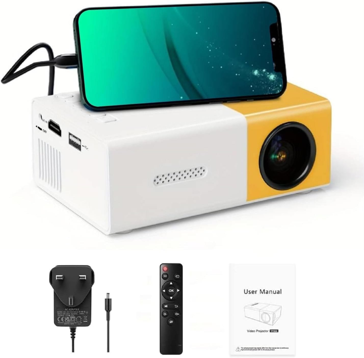 Smart Portable Mini Projector YG-300: 4K Supported 720P Home Theater with USB & Remote, Compatible with Smartphone, Laptop & TV Stick