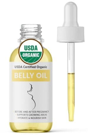 Organic Belly Oil – Certified USDA Organic Nutrient Rich Body Oil For Growing Areas, Scars & Stretchmarks – Maternity, Pregnancy, Post Partum & On – 1 Fl Oz Glass & Dropper