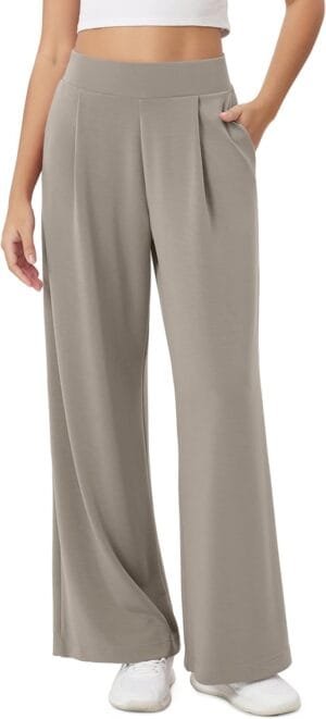 ODODOS Modal Soft Wide Leg Pants for Women High Waist Casual Relaxed Pants with Pockets, 27″ Inseam, Khaki, Medium