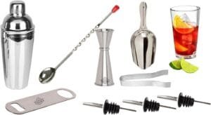 9 Pc Stainless Steel Wine and Cocktail Bar Set- 750 ML Wine Shaker Measuring Jigger and Mixing Bar Spoon Bottle Opener Ice Scoop 3 Pc Metal Pourer 1 Ice Tong