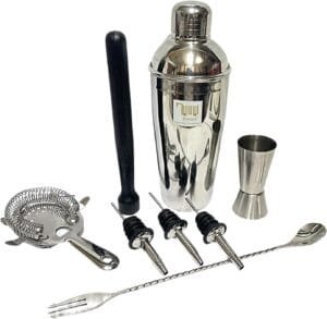Stainless Steel 8 Pcs Multiutility Bar Set- Fork Bar Spoon, Delux Cocktail Shaker 750 ml, Black PVC Muddler, Cocktail Strainer, Tall Peg Measure 30/60 ml, 3 Wine Pourer Set of 8