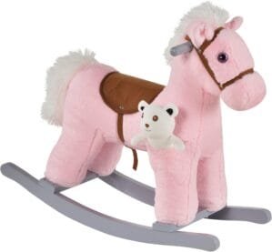 Qaba Kids Plush Ride-On Rocking Horse with Bear Toy, Children Chair with Soft Plush Toy & Fun Realistic Sounds, Pink