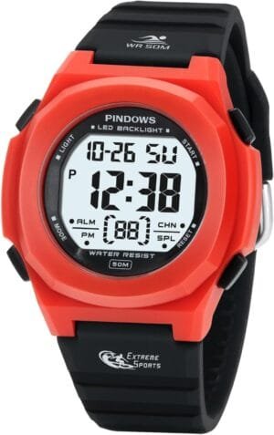 PINDOWS Watches for Women, Digital Sports Watch 50M Waterproof LED Backlight Calendar Wrist Watch with Alarm Clock.