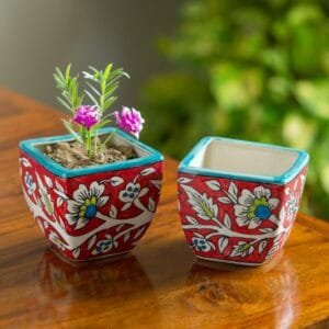 ExclusiveLane ‘Mughal Roots’ Floral Plant Pots | Set of 2 | Multicolor | Handpainted Ceramic Table Planters | Planters for Home & Garden Decor | Decoratives for Outdoor & Indoor Plants