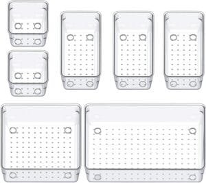 Golden Bird Drawer Organizer Set Dresser Desk Drawer Dividers ,Bathroom Vanity Cosmetic Makeup Trays , Multipurpose Plastic Storage Bins for Jewelries, Kitchen Gadgets and Office Accessories (7 PCS)