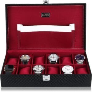 Watch Storage Box with 12 Watch Slots with 1 Inner Pocket Black PU Leather and Cherry Velvet