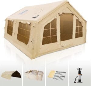 Coody | Rbm Outdoors Koala Inflatable Tents for Camping with Stove Jack, 2/8/10 Person Luxury Canvas Blow Up Tent, 2 Room, Easy Setup Casa de Campaña, Large Inflatable House with Pump