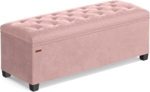 SONGMICS Velvet Storage Ottoman Bench, Foot Rest with Legs, 15.7 x 43 x 15.7 Inches, End of Bed Bench, Storage Chest, Load up to 660 lb, for Living Room, Bedroom, Entryway, Jelly Pink ULSF089R01