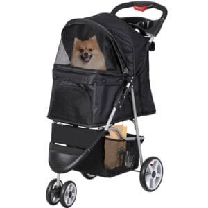 Foldable Pet Stroller for Cats and Dogs 3 Wheels Carrier Strolling Cart with Weather Cover, Storage Basket + Cup Holder (Black)