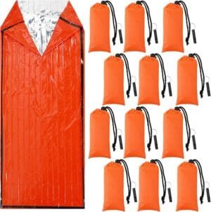 Qunclay 12 Set Emergency Sleeping Bag Survival Bivvy Sack Blanket with Whistles Lightweight Portable Thermal Survival Bag Thick Tent with Hood Extension Nylon Stuff Sack