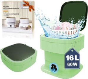 Portable Washing Machine, 60W Mini Washer and Dryer, 16L Folding Lavadora Portatil with Spin,Collapsible Small Compact Clothes Laundry for Underwear, Baby Clothes, Socks （Green)