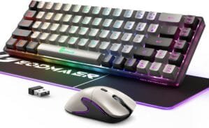 Wireless Gaming Keyboard and Mouse and RGB Mouse Pad, 68 Keys Compact Anti-ghosting No-Conflict Rechargeable Backlit Keyboard + 6D 3200DPI Mice, RGB Mouse Pad