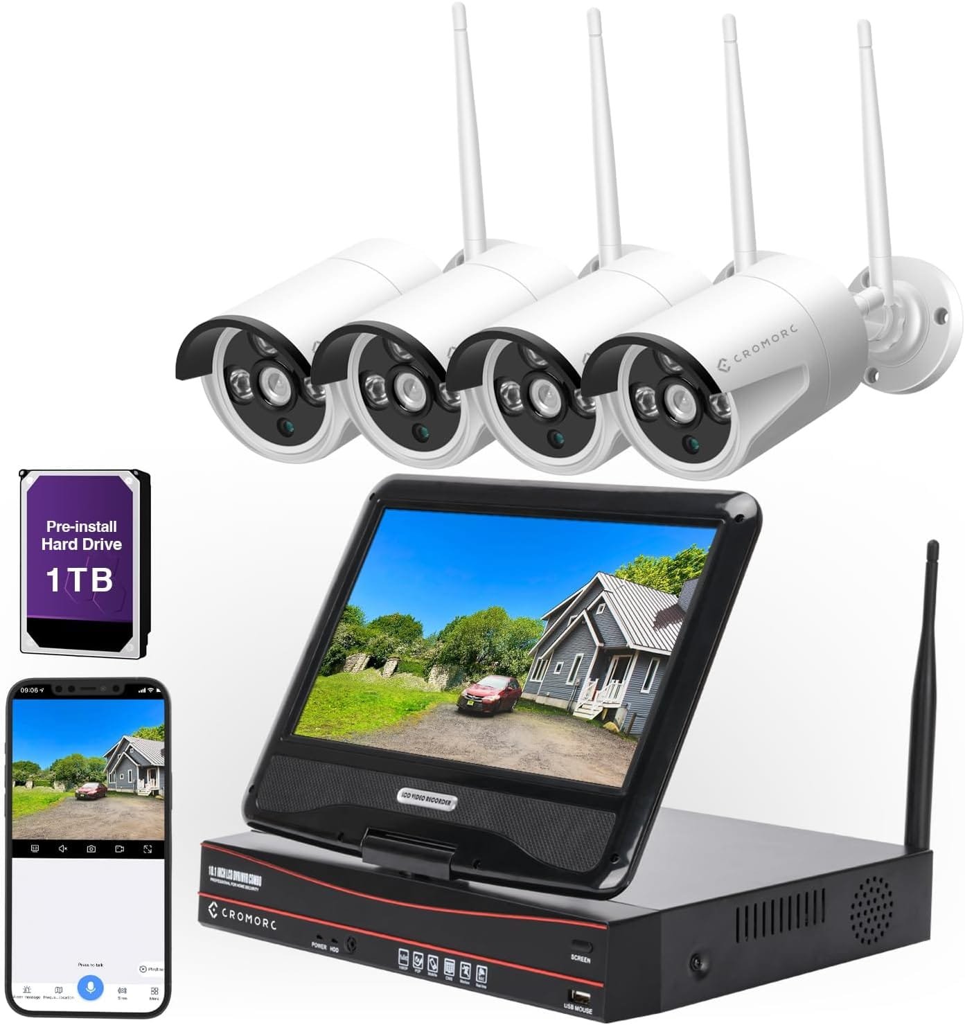 10CH Expandable Wireless Security Camera System with 10.1" Monitor 4pcs 5MP Indoor Outdoor Camera 1-Way Audio Night Vision Motion Detection Home Business CCTV Surveillance 1TB HDD