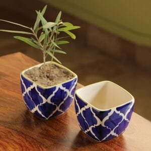 ExclusiveLane ‘Moroccan Roots’ Plant Pots | Handpainted Ceramic Table Planters | Blue & White | Set of 2 | Size 3.7×3.7×3.1 inches | Planters for Home & Garden Decor | for Outdoor & Indoor Plants