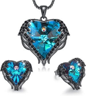 CDE Jewelry Set for Women, Angle Wing Heart Pendant Necklaces and Earrings with Birthstone， Birthday/Anniversary Christmas Jewelry Gifts for Women Mom/Wife