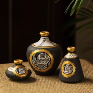 ExclusiveLane ‘Madhubani Matkis’ Terracotta Vase | Handpainted Vase for Living Room | Flower Vase Centerpieces | Home Decorative Accents | Ideal Gift for Occasions | Black, Gold & White, Set of 3