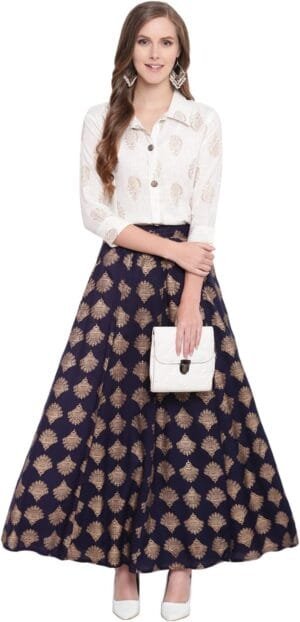 Women’s Printed Rayon Blend Shirt Skirt Set (Bluezoomskirtoset36_Off White, S)