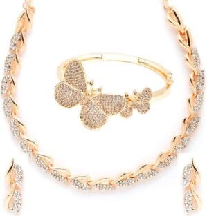 Women American Diamond Studded Leaf Shaped Necklace With Earring and Butterfly Shaped Bracelete Jewellery Shaped