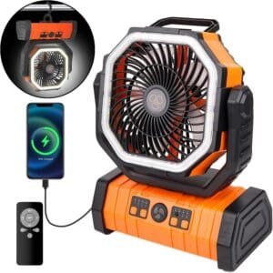 Rechargeable Fan,Operated Camping Battery Powered Fan with Hook&Bright LED Light,Remote Control Timer Auto Oscillation Cordless Outdoor for Power Outage,Picnic,Barbecue,Fishing,Travel,Jobsite,Home