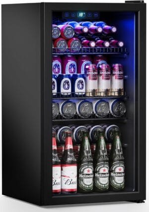 Beverage Refrigerator Cooler-120 Cans Freestanding Mini Fridge Cooler with Glass Door, Adjustable Shelves & Digital Temperature Display for Soda, Wine or Beer (Black, 3.2 Cu.Ft)