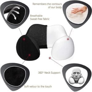 Memory Foam Travel Neck Support Rest Pillow Eye Mask, Noise Isolating Ear Plugs Portable Combo (Black)