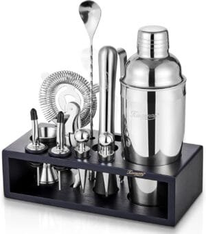 KITESSENSU 12-Piece Cocktail Shaker Set with Stand | Mixology Bartender Kit Bar Set with Essential Bar Accessories for Home Bar: Martini Shaker, Jigger, Muddler, Bar Spoon | Drink Mixer Cocktail Kit