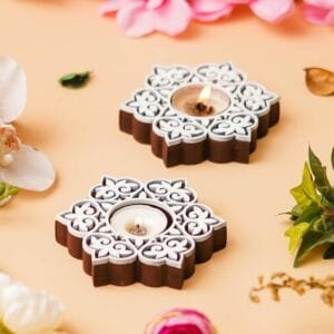 eCraftIndia Set of 2 White Brown Wooden Floral Printing Block Decorative Tea Light Candle Holders, Diya Stands for Home Decoration | Birthday, Christmas, Diwali Decoration Items