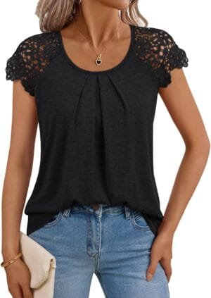 AUTOMET Womens Lace Tops Pleated Short Sleeve Shirts Summer Business Casual Dressy Blouses