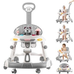 Baby Walker, 4-in-1 Foldable Baby Walkers and Baby Activity Center with Toys Tray,3-Gear Height Adjustable Infant Toddler Baby Walker with Wheels for Baby Boys and Girls 6-24 Months(Grey)