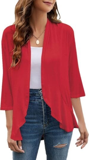 Yekaty Women Cardigan 3/4 Sleeves Open Front Lightweight Cardigan Draped Ruffles Knit Cardigan