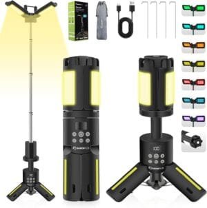 Telescopic Camping Lights with Stand, 5000LM Rechargeable LED Flashlight, 9 Color Modes, Collapsible Tent Lantern with Reflective Strips, Magnetic Base for Power Outages, Camping & Emergency