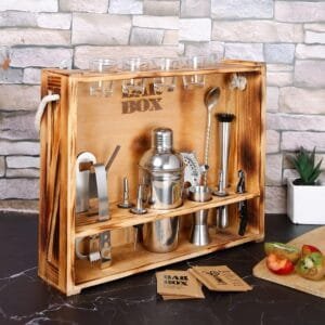 Bartender Kit: 19-Piece Bar Tool Set with Rustic Wood Stand – Perfect Home Bartending Kit and Cocktail Shaker Set for an Awesome Drink Mixing Experience (Stainless Steel)
