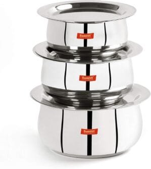 Sumeet Stainless Steel Belly Shape 3 Pc Tope/Cookware/Pot Set with Lid 380ML, 500ML, 780ML, (Silver)