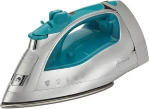 Sunbeam Steammaster 1400 Watt Iron with 8′ Retractable Cord, Large Anti-Drip Nonstick Stainless Steel Soleplate, Horizontal or Vertical Shot of Steam and 3-Way Auto Shut-Off, Chrome/Teal