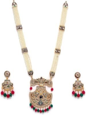 Women’s Jewellery Set Plated Long Necklace Hyderabadi Design Pearl Peacock Necklace Set with Earring Jewellery (Design-6)