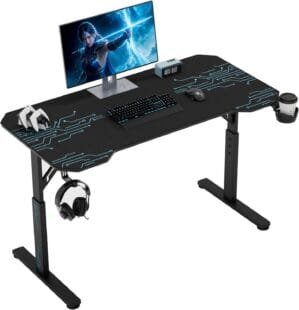 Furmax Height Adjustable Gaming Desk Gamer Table T Shaped with Carbon Fiber Surface Computer PC Desk with Full Covered Mouse Pad, Cup Holder & Headphone Hook, Black (47 Inch)
