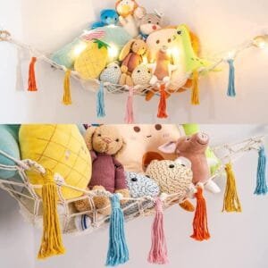 Stuffed Animal Toy Hammock, Hanging Macrame Organizer Storage, Boho Large Corner Plush Toys, Net Holder for Nursery Kids, Play Room, Bedroom, Kid Room (BH010)