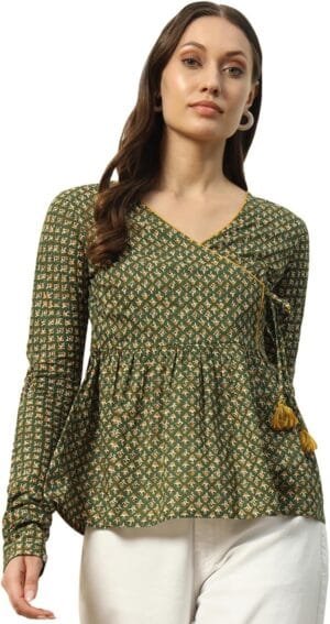 Women’s Green Cotton Top with Lace Detail and Printed Pattern