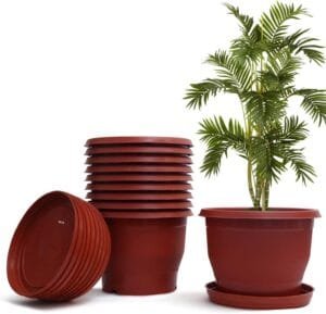 Flower Pot with Bottom Tray Set – Home Garden Office Plant Pot Balcony Flowering Planter (12-Inch, Brown, Pack of 10)