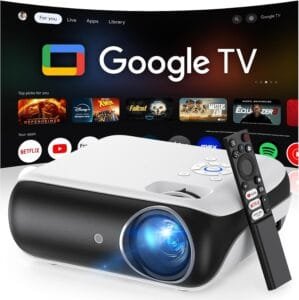 Official Licensed Google TV Smart Projector, HAPPRUN 4K UHD Home Theater with Dolby Sound, Wi-Fi & Bluetooth, Built-in Streaming Apps, Compatible with Games Consoles & Smartphone, Indoor & Outdoor Use