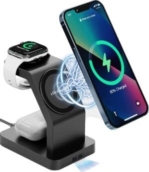 eller santé® Wireless Charger 3in1 23W Magnetic Mag-Safe for iPhone 15/15 Plus/15 Pro/15 Pro Max, iPhone 14/14 Plus/14 Pro/14 Pro Max,13/12/11, Airpods 3rd/2nd gen, Series 9/8/7/6/5/4/SE-Black
