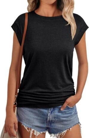 AUTOMET Womens Summer Tops Cap Sleeve Spring T Shirts Ruched Business Casual Dressy Fashion Trendy Clothes Outfits 2025