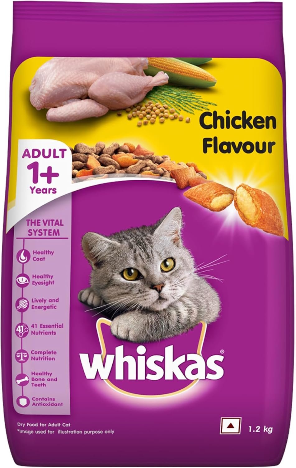 Whiskas Adult (+1 Year) Dry Cat Food, Chicken Flavour, 1.2kg Pack