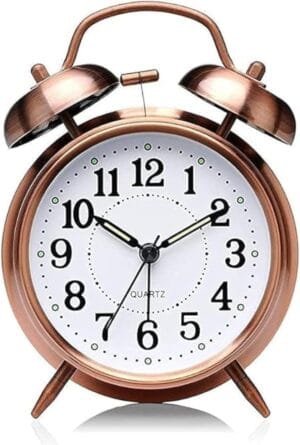 Vintage Twin Bell Analog Display Table Alarm Clock with Night LED Light Heavy Slippers Extra Loud Alarm Clock Ideal for Student and Kids Bedroom (Copper), Medium