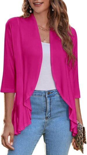 Zeagoo Women’s Open Front Cardigan 3/4 Sleeve Draped Ruffles Soft Knit Sweaters S-3XL