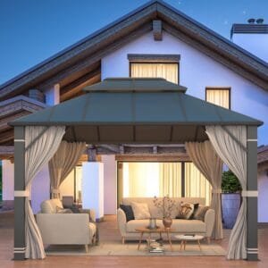 EROMMY 10′ x 12′ Gazebo Outdoor Double Roof Aluminum Composite Canopy Aluminum Frame Pavilion with Curtains and Netting for Patio Lawn Garden Backyard