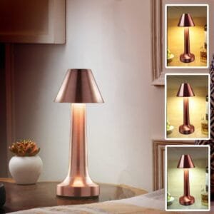 Metal LED Desk Cone Lamp Comes with Touch Sensor, 3-Levels Brightness, USB Rechargeable Cozy Warm Lighting – Ideal Bedside Lamp, Night Light for Kids Nursery, Dining Room (Rose Gold)