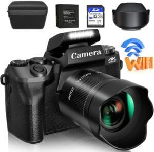 LEQTRONIQ Digital Camera, 4k Cameras for Photography & Video, 64MP WiFi Touch Screen Vlogging Camera for YouTube with Flash, 32GB SD Card, Lens Hood, 3000mAH Battery, Front and Rear Cameras – Black