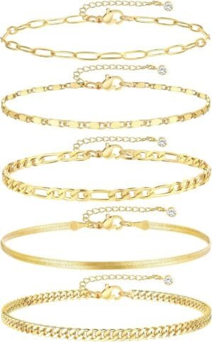 iF YOU Gold Ankle Bracelets for Women, 14k Gold Plated Waterproof Cuban Link Chain Anklets Set, Layered Anklet Bracelets for Women Beach Gift Adjustable Size 5pc
