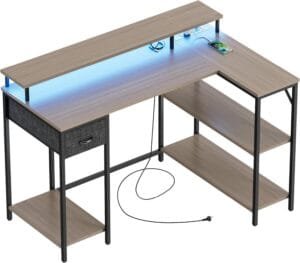 Homall L Shaped Gaming Desk with LED Lights & Power Outlets, Reversible Computer Desk with Shelves & Drawer, 47’’ Corner Desk Table with Monitor Stand, Home Office Study Writing Table (Grey)